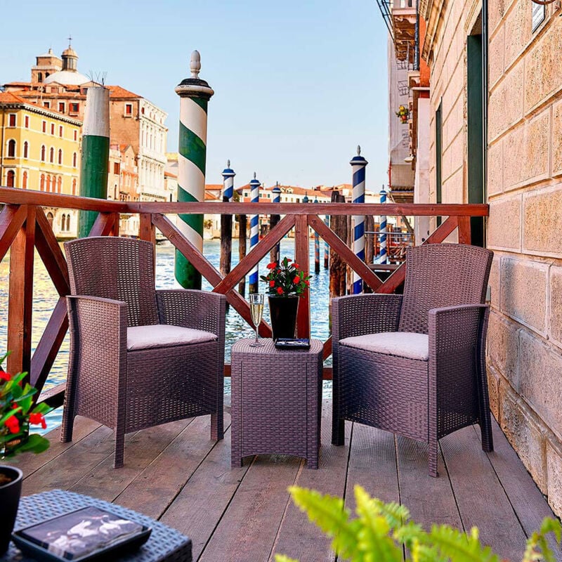 Ensemble de salon d'extérieur Jupiter, Ensemble de jardin avec coussins, Ensemble de salon d'intérieur effet rotin, 100% Made in Italy, Marron - Dmora