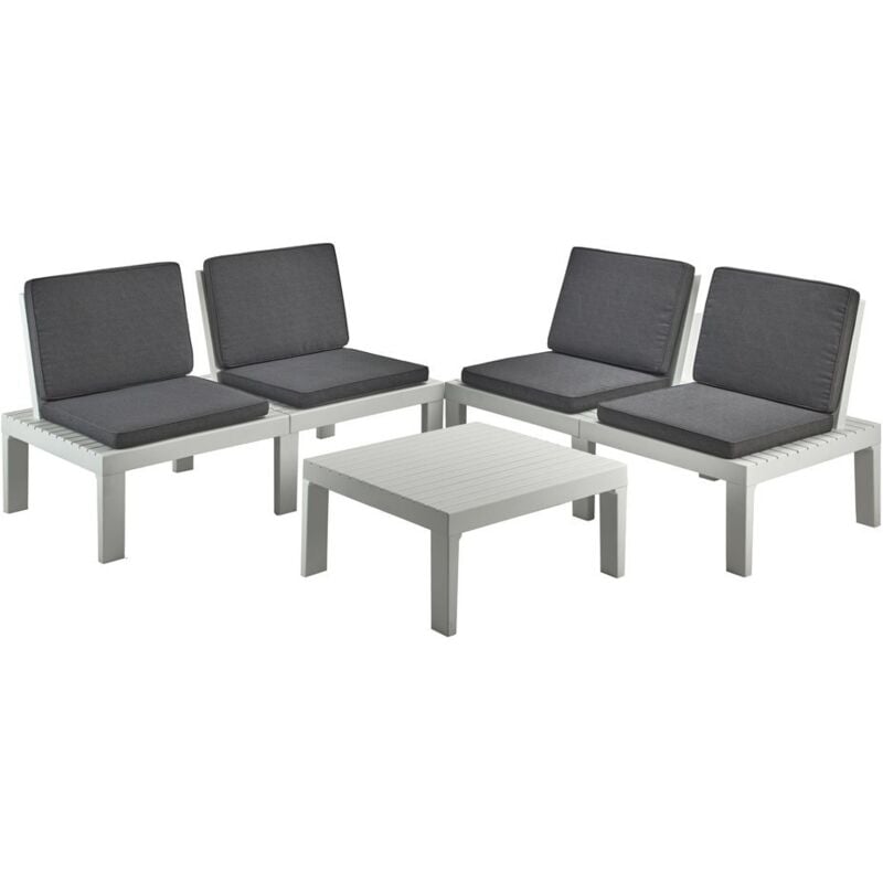 Set salon d'extérieur Vigevano, Salon de jardin avec 4 sièges avec dossier et 1 module multifonctionnel, Coin salon avec coussins, 100% Made in