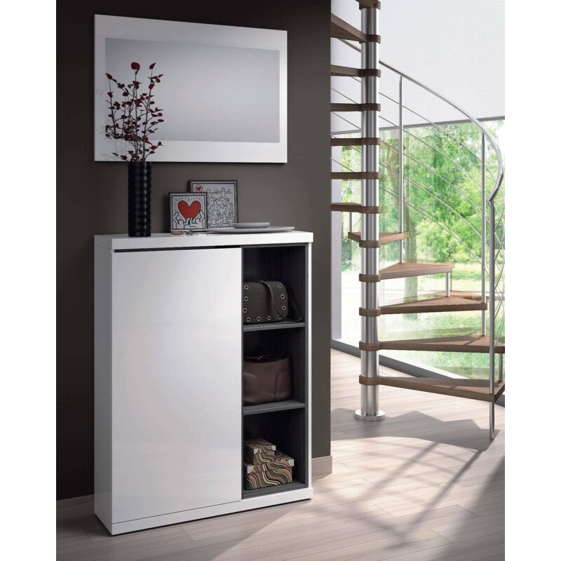 Dmora Entrance Furniture With One Door Used As A Shoe Rack Three Side Shelves And A Mirror Glossy White And Ash Grey 79 X 167 X 25 Cm 8052773327428