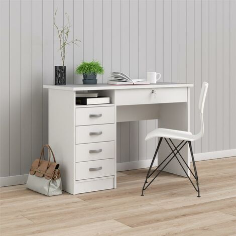 Mesa de madera de oficina con cajones sobre un fondo blanco aislado
