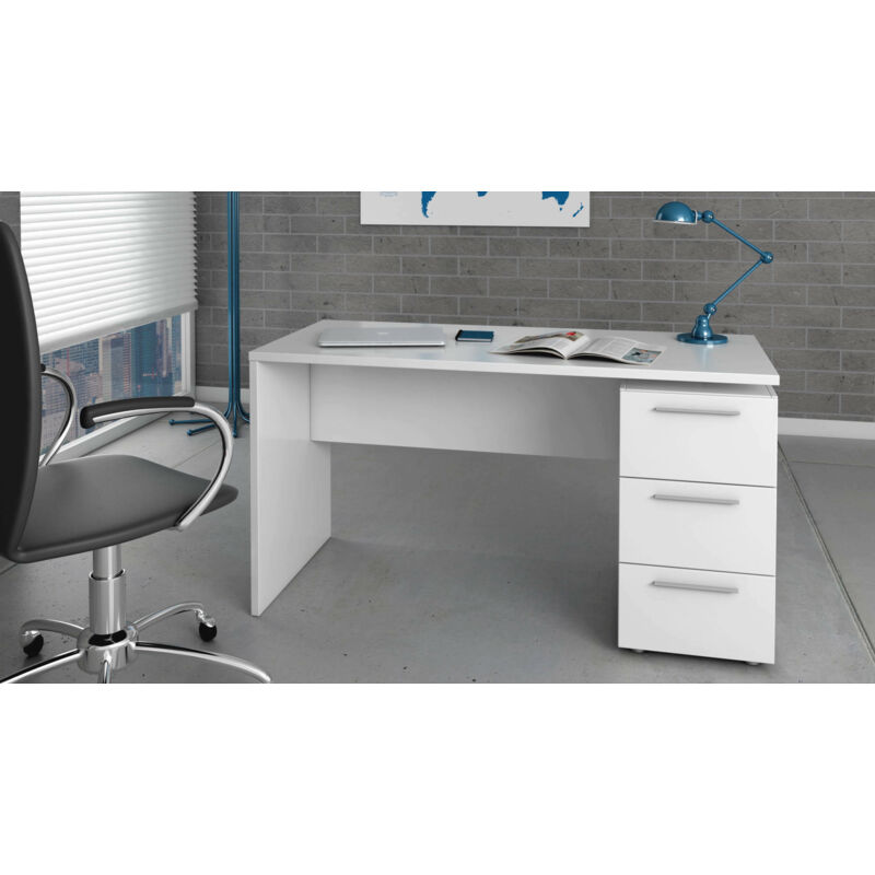 

Escritorio de oficina color blanco, 138 x 74 x 60 cm, con cómoda con tres cajones - Dmora