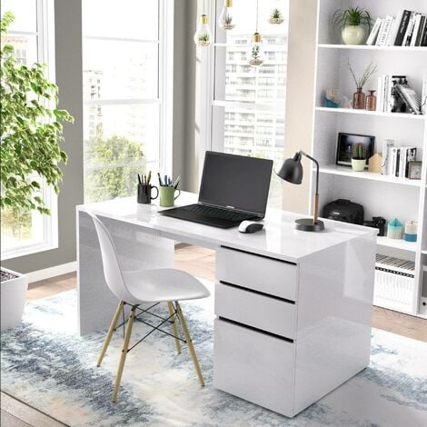 Esse escritorio moderno para oficina y estudio con estante, Made in Italy,  mesa de ordenador, escritorio para PC, 140x60h78 cm, color blanco brillante