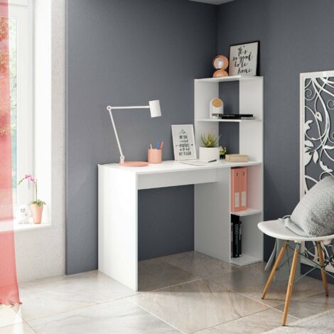 Dmora - Escritorio Dlup, Escritorio lineal con librería, Mesa de oficina multiusos que ahorra espacio, 110x50h136 cm, Blanco