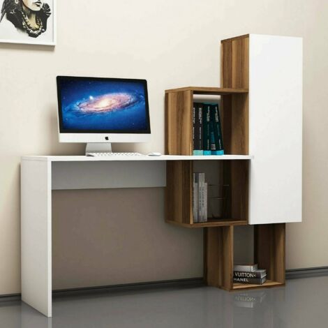 Dmora - Escritorio Dmambrin, Escritorio multiusos, Mesa de oficina para PC, El plan de trabajo, 145x45h75 cm, Nogal y Blanco