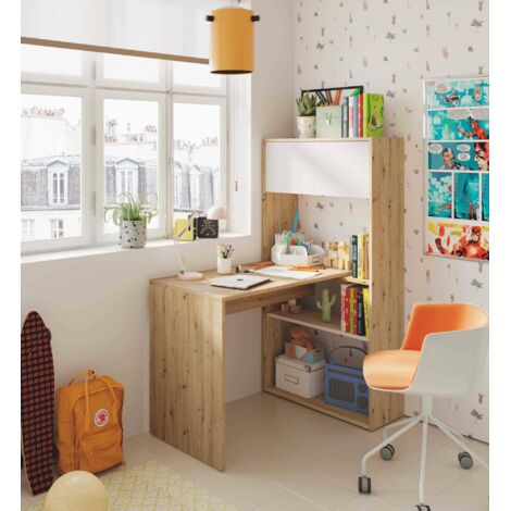 Dmora - Escritorio Dmangn, Escritorio esquinero reversible con librería, Mesa de estudio u oficina multiposición, 108x70h140 cm, Nudos blancos y roble