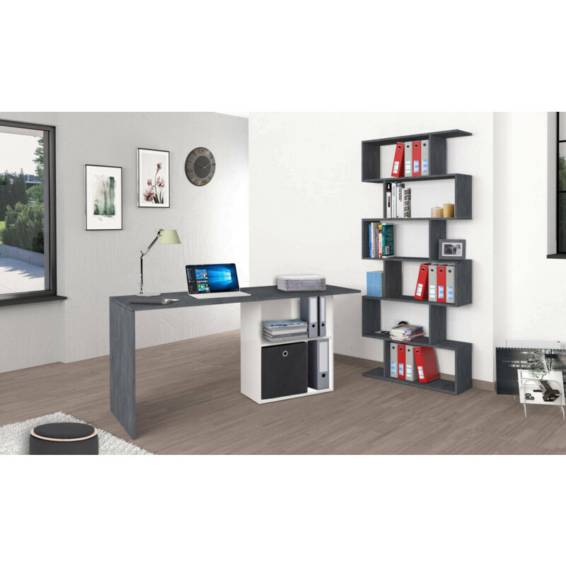

Escritorio Linear para oficina y estudio con estante, Made in Italy, Mesa minimal, Escritorio para PC, 110x50h75 cm, blanco brillante y gris ceniza