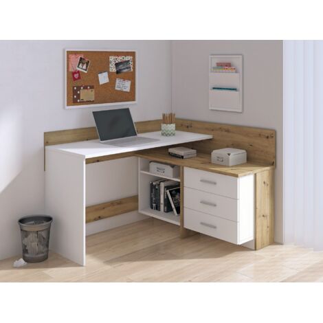 Dmora - Escritorio Elsa, Escritorio multiusos, Mesa de oficina para PC, El plan de trabajo, 130x112h82 cm, Blanco y Roble nodoso