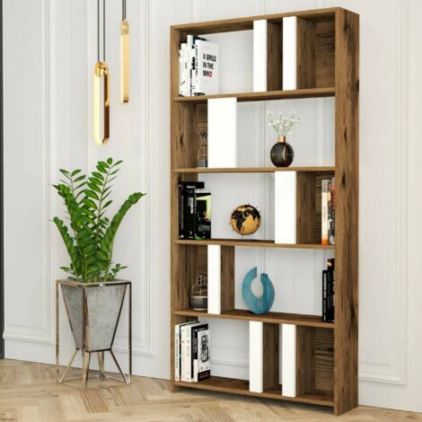 Dmora - Estante para libros Algieba, Estante de oficina, Porta libros móvil, Biblioteca, 90x20h180 cm, Nogal y Blanco, con embalaje reforzado