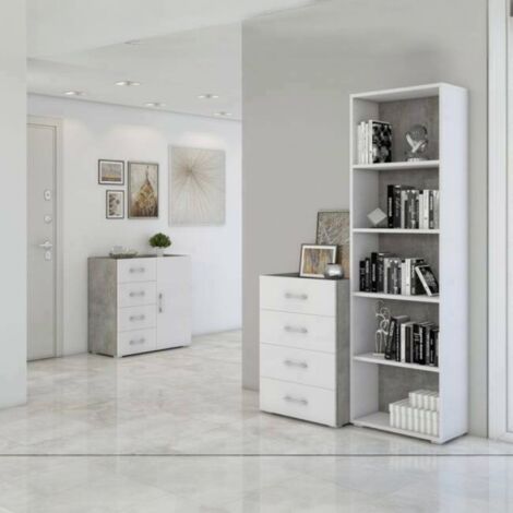 Dmora - Estante para libros Dedjoum, Biblioteca con 4 estantes ajustables, Estante para libros, Unidad de pared con estantes, 100% Made in Italy, 60x30h195 cm, Blanco y Cemento