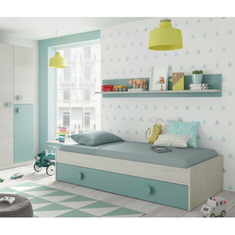 Dmora Estructura de cama con segunda cama extraíble con cajonera y balda a juego, efecto madera clara color blanco y verde agua, 199 x 65 x 95 cm., con embalaje reforzado