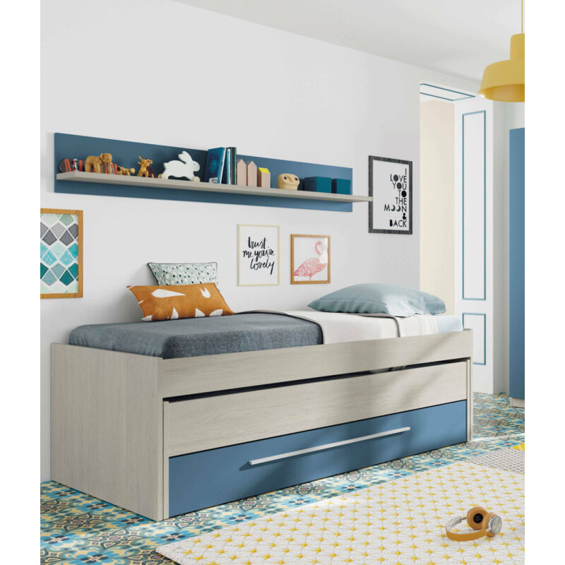 

Estructura de cama con segunda cama extraíble con cajonera y balda de pared a juego, color efecto madera blanco y celeste, 199 x 65 x 95 cm. - Dmora