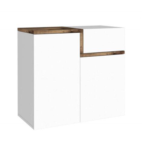Dmora – Étagère à chaussures moderne 80x40x80 cm – Stratifié blanc brillant et érable – 2 portes rabattables – Résistante aux chocs et rayures - 80x40h80