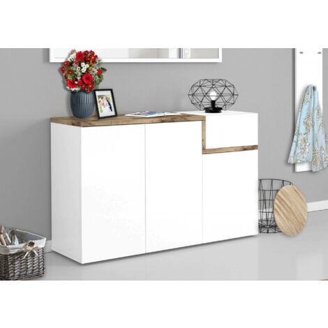 Dmora Étagère à chaussures moderne, Made in Italy, 3 portes et 1 porte abattante, Étagère à chaussures d'entrée, 120x40h80 cm, Couleur blanc brillant et Érable
