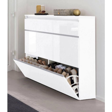 Dmora Étagère à chaussures moderne, Made in Italy, avec 2 portes et 1 porte abattante, Étagère à chaussures d'entrée, 120x27h108 cm, couleur blanc brillant