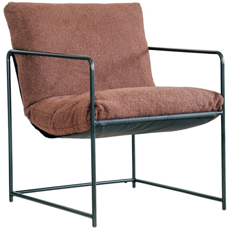 Dmora - Fauteuil en peuplier, Fauteuil recouvert de tissu bouclé, Chaise rembourrée, Assise avec accoudoirs en métal, 61x67h75 cm, Marron