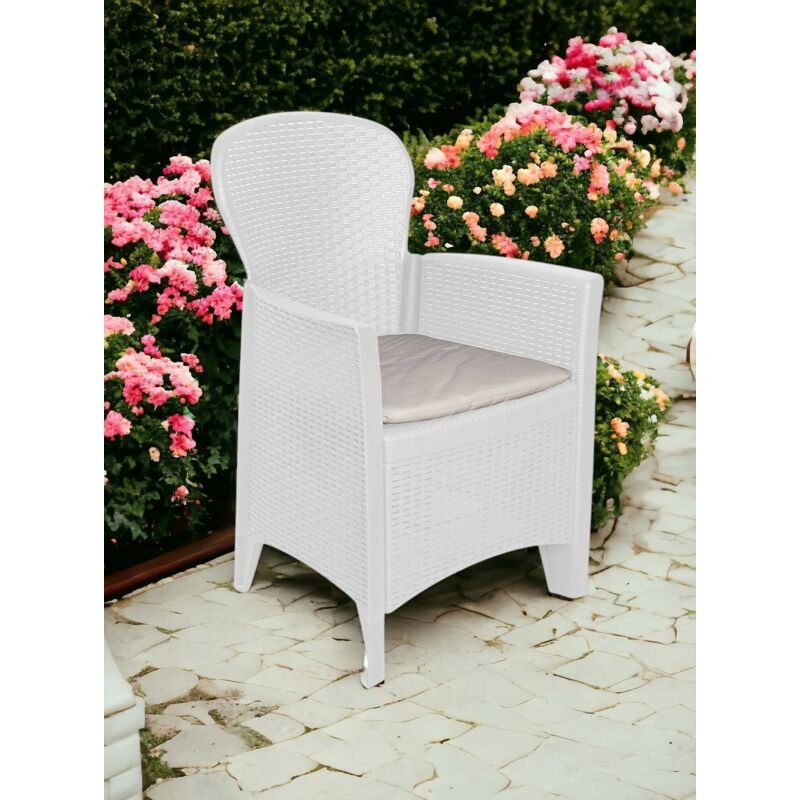 Dmora Chaise d’extérieur Como, Siège de jardin, Fauteuil d'extérieur effet rotin, 100% Made in Italy, Cm 60x58h89, Blanc, avec emballage renforcé