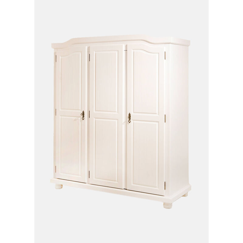 Dmora Armoire à trois portes battantes avec étagères internes en pin massif, coloris blanc, 150 x 180 x 56 cm.