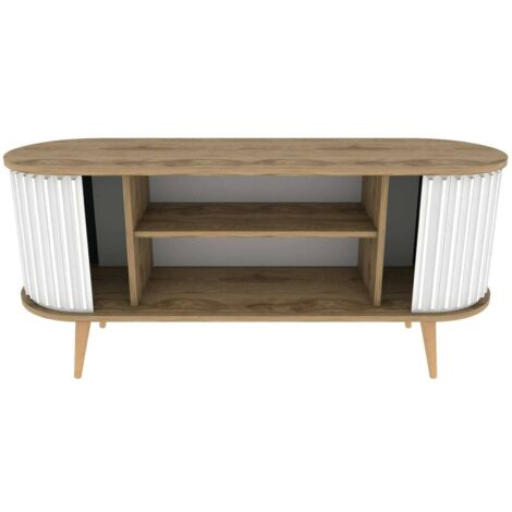 Dmora - Fernsehschrank Desteve, Ständer für Wohnzimmerfernseher, Niedriges Wohnzimmer-Sideboard, TV-Ständerbasis, 140x43h64 cm, Eiche und Weiß