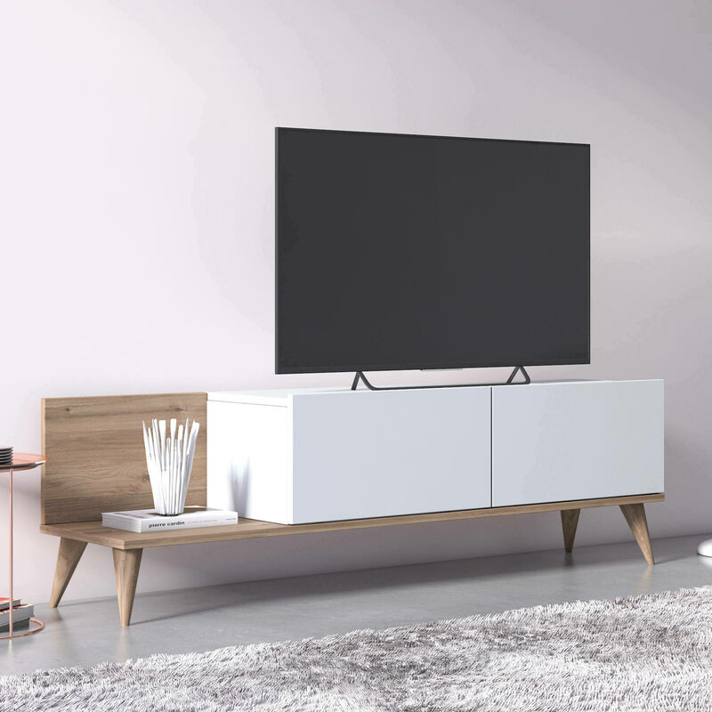 

Mueble TV para salón con dos puertas abatibles, 152 x 35 x 43 cm, color roble y blanco