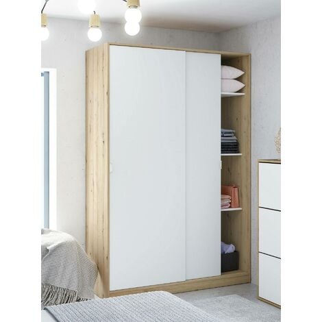 DMORA - Garderobe Waterbury, Schlafzimmer Kleiderschrank mit 2 Schiebetüren, Schrank mit 3 Einlegeböden und Kleiderstange, 120x50h200 cm, Weiß und Eiche Nodi