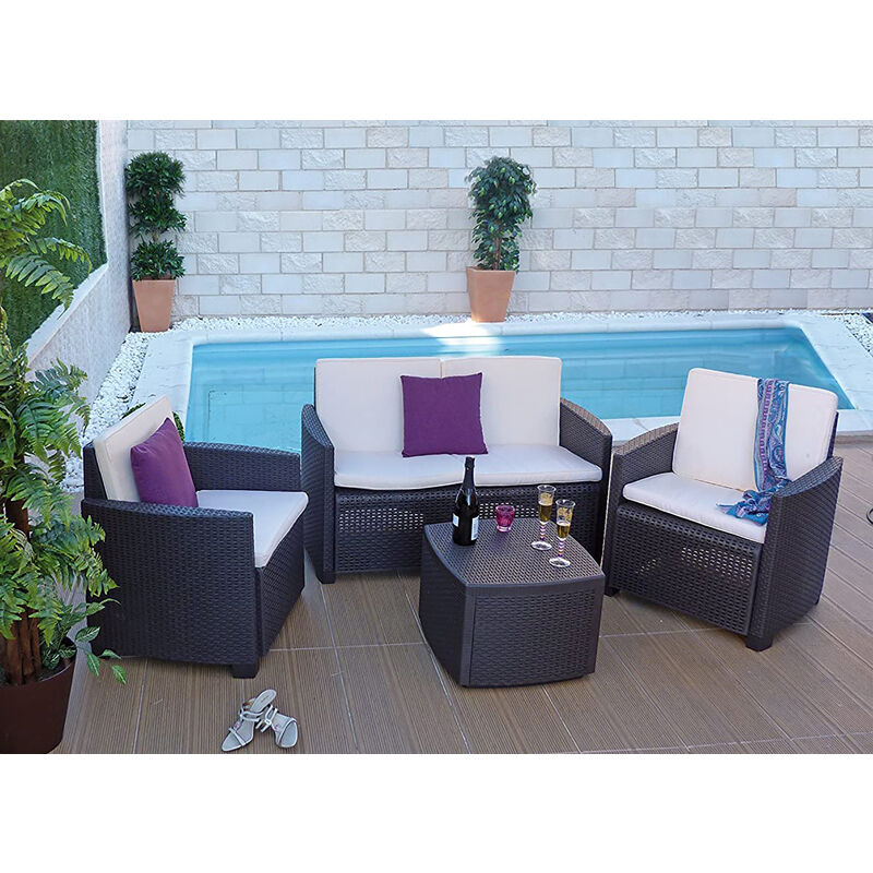 Gartenset 'j' mit Kissen, 1 Sofa + 2 Sessel (mit Armlehnen) + 1 Outdoor-Container-Tisch, Made in Italy, Braun - Dmora