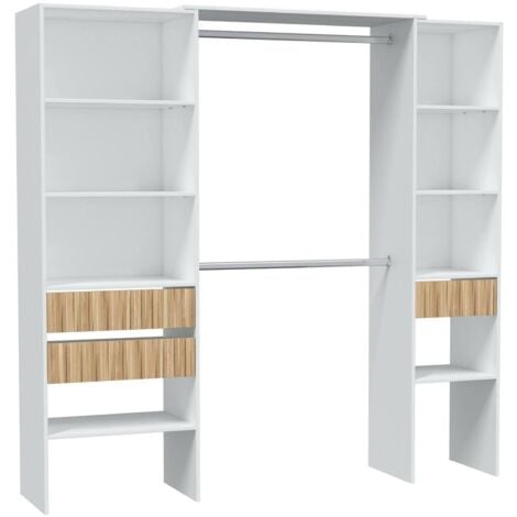 Dmora - Guardaroba grande Ary, Mobile camera da letto, Armadio appendiabiti con ripiani e 3 cassetti, 196x40h187 cm, Bianco e Rovere