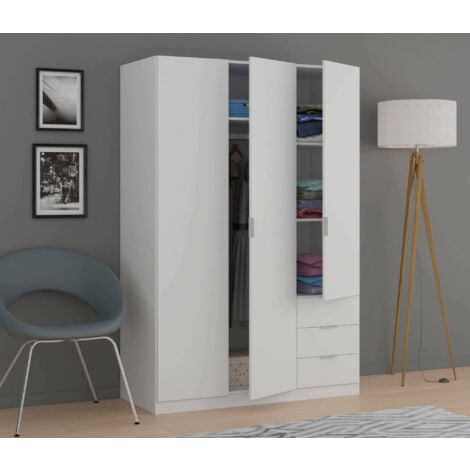 Dmora Guardaroba Warren, Armadio per camera da letto a 3 ante e 3 cassetti, Mobile con 3 ripiani e barra appendiabiti, cm 121x52h180, Bianco, con imballo rinforzato