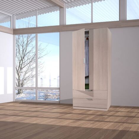 Dmora Guardarropa Burbank, Armario dormitorio con 2 puertas y 2 cajones, Muebles de dormitorio con perchero, cm 81x52h180, Roble, con embalaje reforzado