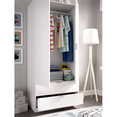 Dmora - Guardarropa Darest, Armario dormitorio con 2 puertas y 2 cajones, Muebles de dormitorio con perchero, 81x52h180 cm, Blanco