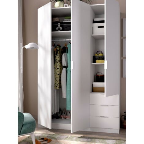 Dmora - Guardarropa Dnespol, Armario dormitorio con 3 puertas y 3 cajones, Mueble con 3 baldas y barra perchero, 121x52h180 cm, Blanco
