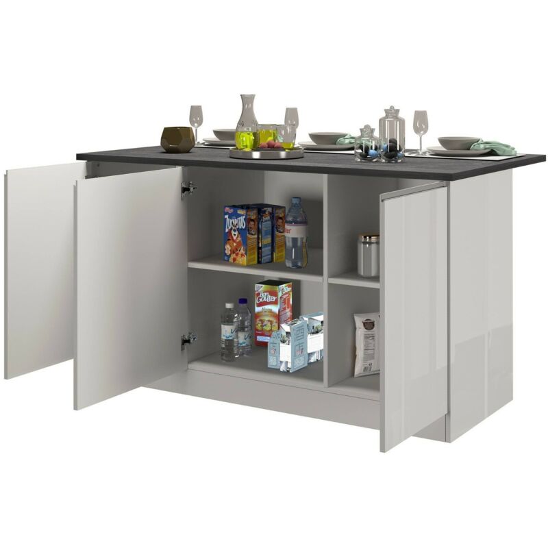 Lot de cuisine Dcarnelo, table de rangement auxiliaire, meuble de cuisine 3 portes, 100% Made in Italy, 155x90h90 cm, Blanc brillant et ardoise