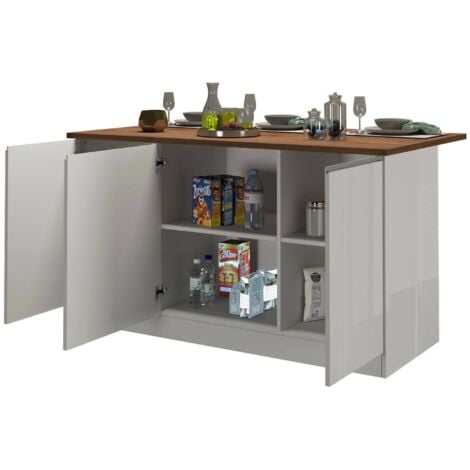 DMORA Tartaro, Armadio multiuso, Mobile per cucinotto, Tavolo ausiliario, 100% Made in Italy, 155x90h90 cm, Bianco lucido e Rovere