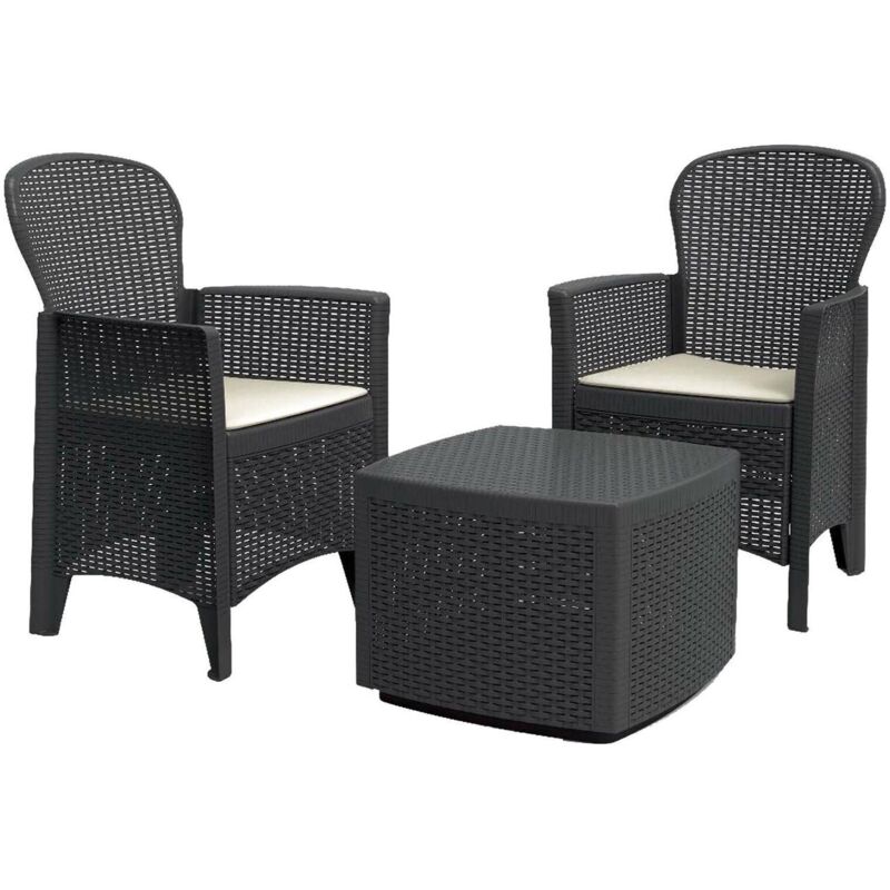 

Juego de jardín con cojines, 2 sillones y 1 mesa contenedor para exterior, Made in Italy, color Antracita - Dmora