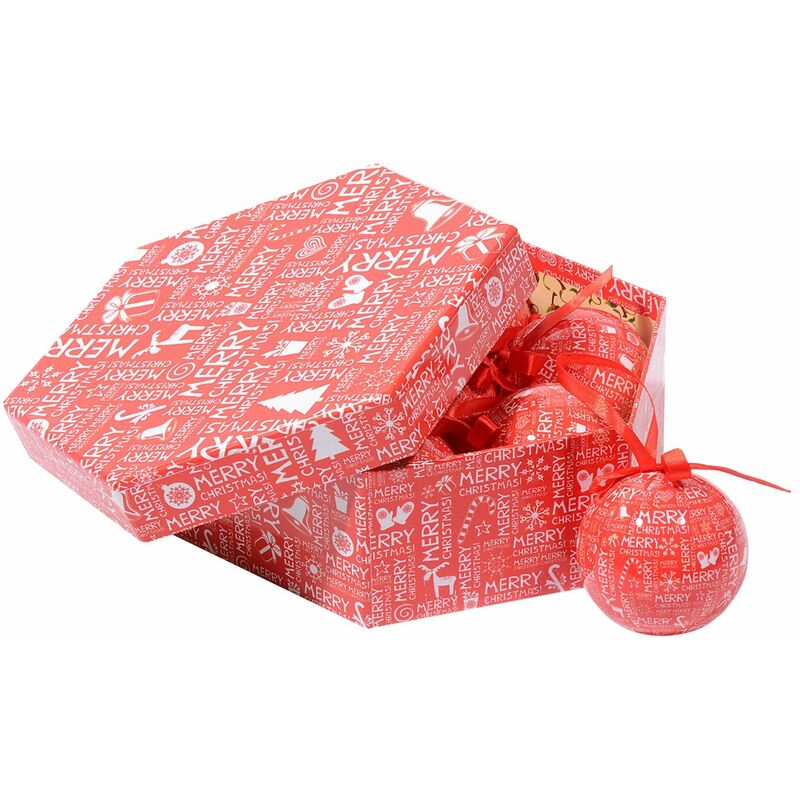 

Caja 7 Bolas de Navidad, Patrón escrito, Juego de surtido de bolas de Navidad, Caja hexagonal de árbol de Navidad, Diámetro 7,5cm, Rojo y blanco