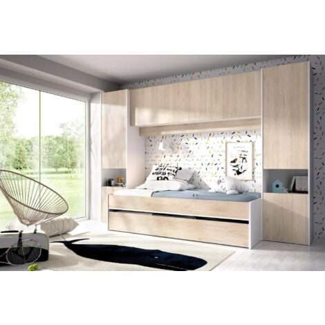 Dmora - Kinderbett Dmra, Komplettes Schlafzimmer mit Bridge-Kleiderschrank und Kommode, Komposition mit Bett und Einzelausziehbett, 303 x 97 x 203 cm, Eiche und Weiß
