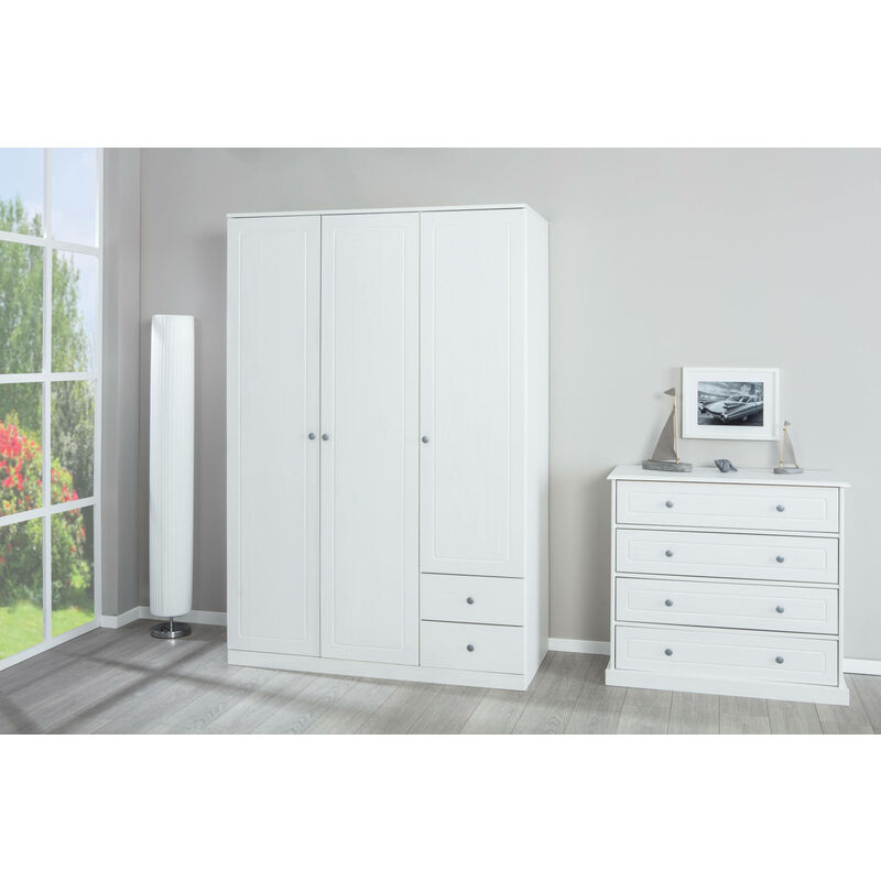 Kleiderschrank mit 3 Türen und 2 Schubladen, in weiß gebeizter Kiefer, mit Kleiderstange und 2 Einlegeböden, cm 138x63x205 - Dmora