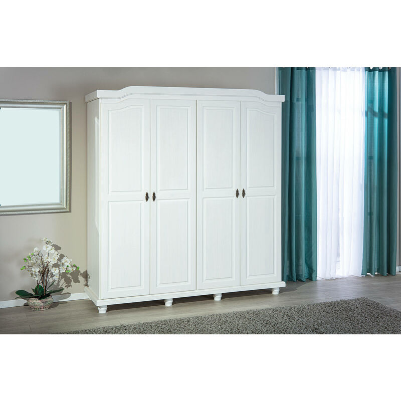 Kleiderschrank mit 4 Türen, in weiß lackiertem Kiefer massiv, ausgestattet mit 2 Kleiderstangen, 197x59,5x198 cm - Dmora