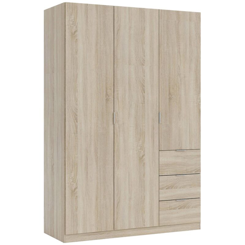 Dmora Weiß Garderobe Fullerton, Schlafzimmerschrank Mit 3 Türen Und 3 Schubladen, Schrank Mit 3 Einlegeböden Und Kleiderstange, Cm 135X52h200, Eiche