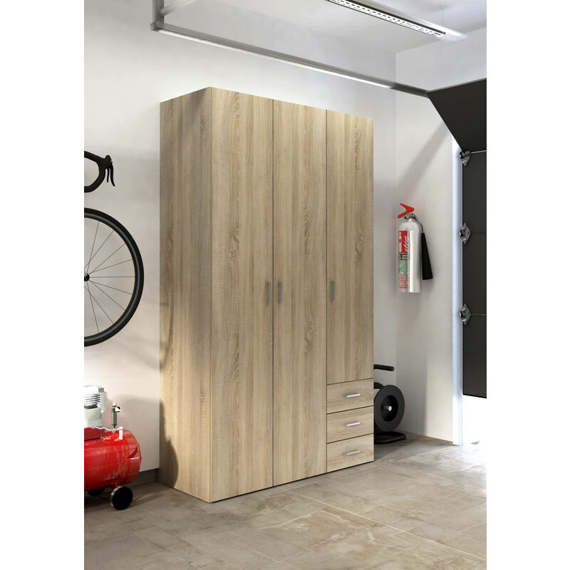 Kleiderschrank mit drei Türen und drei Schubladen, Eichenfarbe, 115 x 49 x H200 cm - Dmora