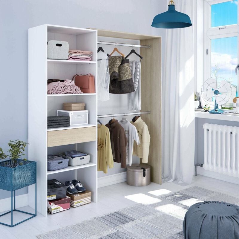 Kleiderschrank Offener Kleiderschrank, Begehbarer Kleiderschrank, mit 5 offenen Einlegeböden, 1 Schublade und zwei Kleiderstangen, Farbe Weiß und