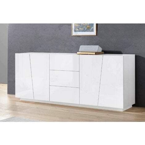 Dmora - Kommode Dmicill, Küchen-Sideboard mit 4 Türen und 3 Schubladen, Wohnzimmer-Buffet, 100 % Made in Italy, cm 220x43h86, glänzend weiß