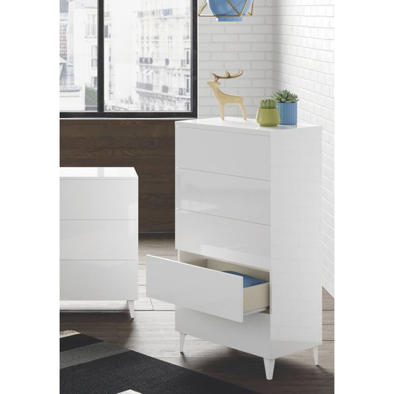 Dmora - Kommode, glänzend weiße Farbe, mit fünf Schubladen 61 x 117 x 40 cm.