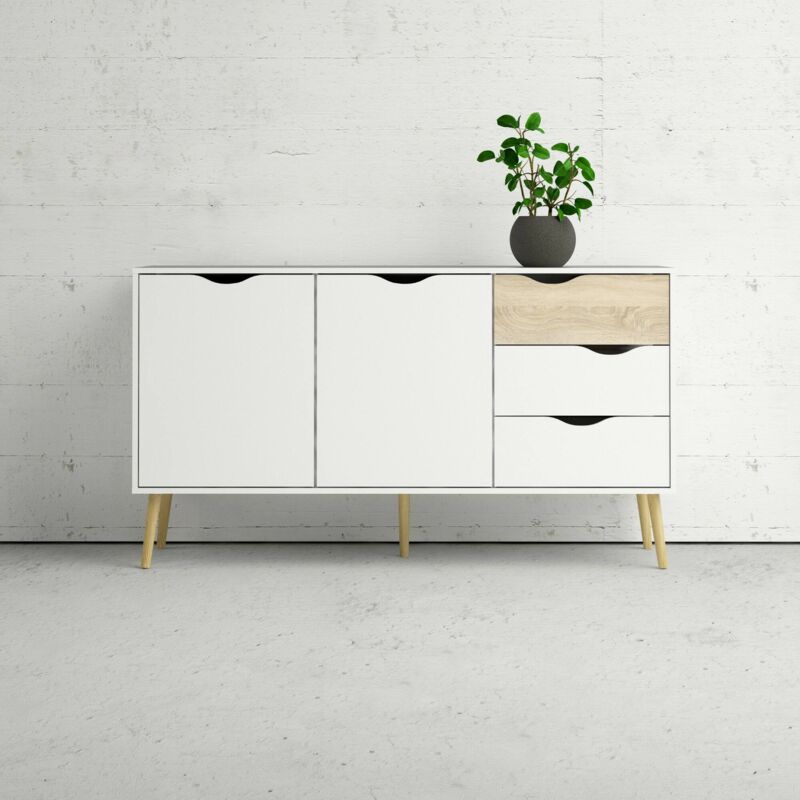 Sideboard mit zwei Türen und drei Schubladen, Farbe Weiß und Eiche, cm 147x39h81 - Dmora