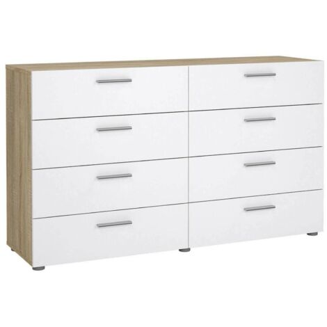Dmora - Kommode Phethai, Wohnzimmerbuffet, Wohnzimmer-Sideboard, Moderne Küchen-Speisekammer, 140x40 h82 cm, Eicheund Glänzendes Weiß
