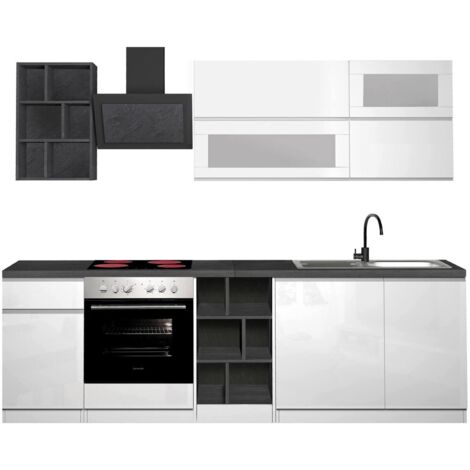 Dmora - komplette Küche Ronald, praktische und platzsparende Küche, Küchenwand mit 5 Türen und 1 Schublade, 100 % Made in Italy, 255 x 60 x 85 cm, glänzendes Weiß und Schiefer