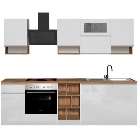Dmora - Komplette Küche Ronnie, praktische und platzsparende Küche, Küchenwand mit 8 Türen und 1 Schublade, 100 % Made in Italy, 255 x 60 x 85 cm, glänzendes Weiß und Eiche