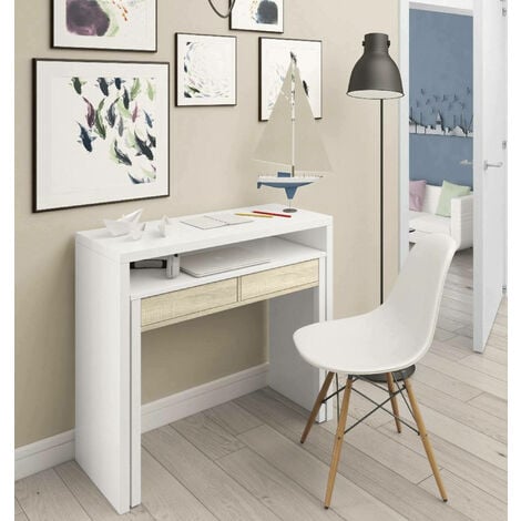 Dmora Konsolentisch Billings, Schreibtisch mit ausziehbarer Platte, PC-Schreibtisch mit 2 Schubladen, cm 99x36h88, Weiß und Eiche