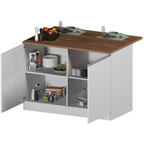 Dmora - Kücheninsel Emmanuel, Beistelltisch, Küchenschrank mit 2 Türen, 100 % Made in Italy, 125 x 90 x 90 cm, glänzendes Weiß und Eiche
