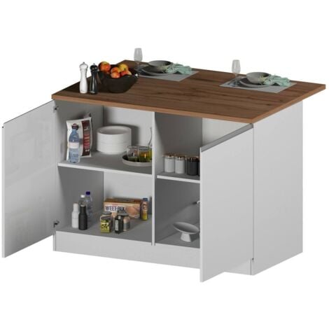 Dmora - Kücheninsel Emmanuel, Beistelltisch, Küchenschrank mit 2 Türen, 100 % Made in Italy, 125 x 90 x 90 cm, glänzendes Weiß und Eiche, mit verstärkter Verpackung