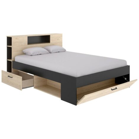 Dmora - Letto alla francese Conching, Sommier per camera da letto, Giroletto per stanza, Struttura porta materasso, 150x219 h95 cm, Antracite e Rovere